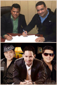 Plinio Santana y Luis Henríquez al firmar contrato y foto de integrantes de Braho Miguel y Berny.